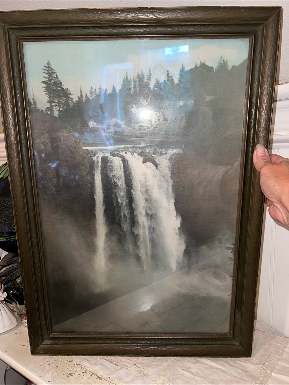 Antique hand Tinted Snoqualmie falls Washington framed photo 23” x 16”
